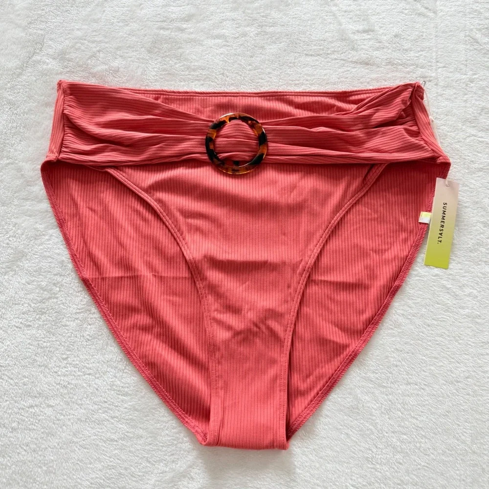 Summersalt Ribbed High Waisted‎ Bikini Bottom Coral Tortoise Ring Size 16 NWT